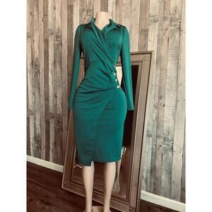 Classic Lapel Neck Wrap Dress with Ruched Button Design